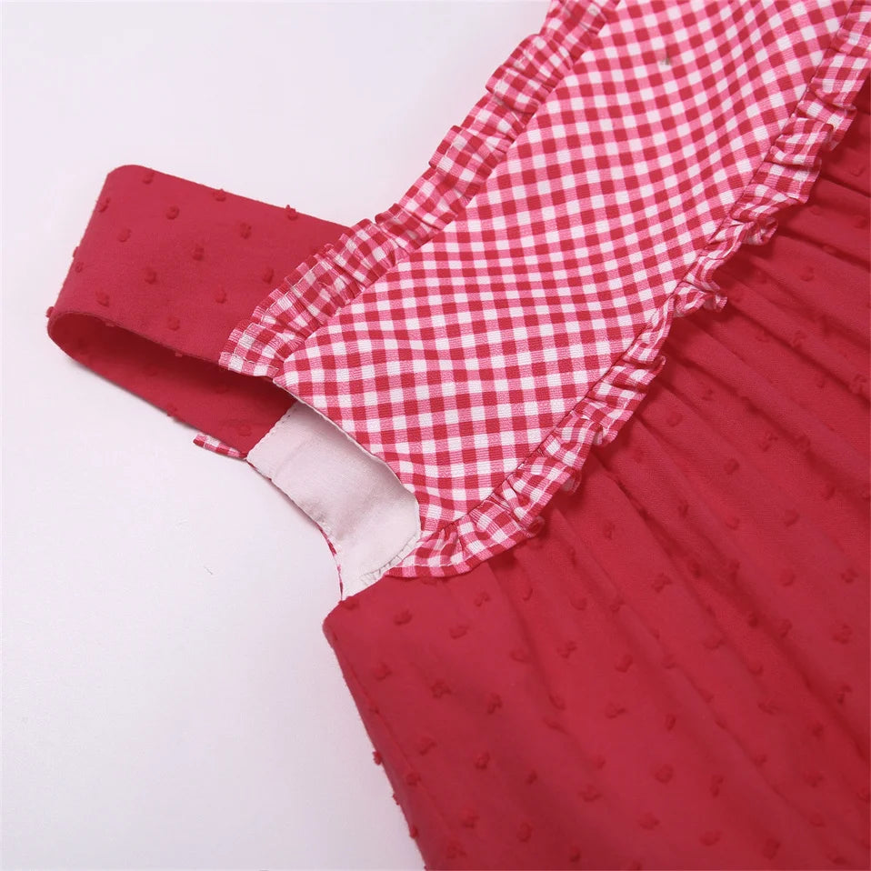 Baby Girl Summer Dress Set – Red Plaid Casual Outfit with Headband