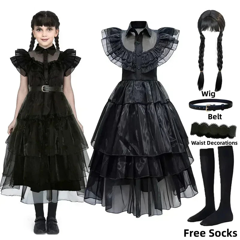 Girls’ Wednesday Addams Costume – Halloween Black Dress