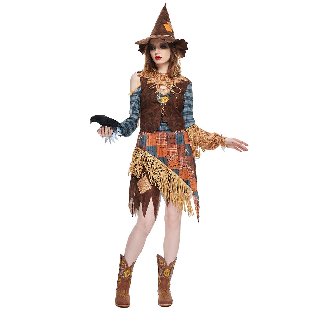 Eraspooky Women Wicked Scarecrow Cosplay Halloween Costumes Stage Show Performance Costume With Hat Carnival Purim Fancy Dress
