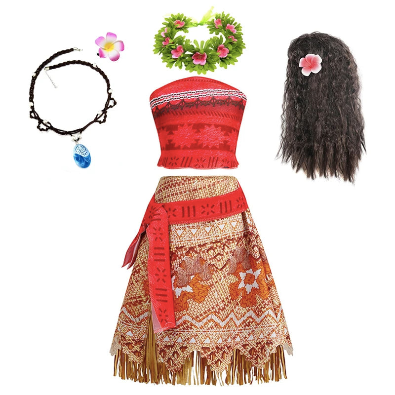 Disney Moana Dress for Kids Girls Princess Vaiana Cosplay Carnival Children Birthday Party Headwear Necklace Pet Pig Chicken Set