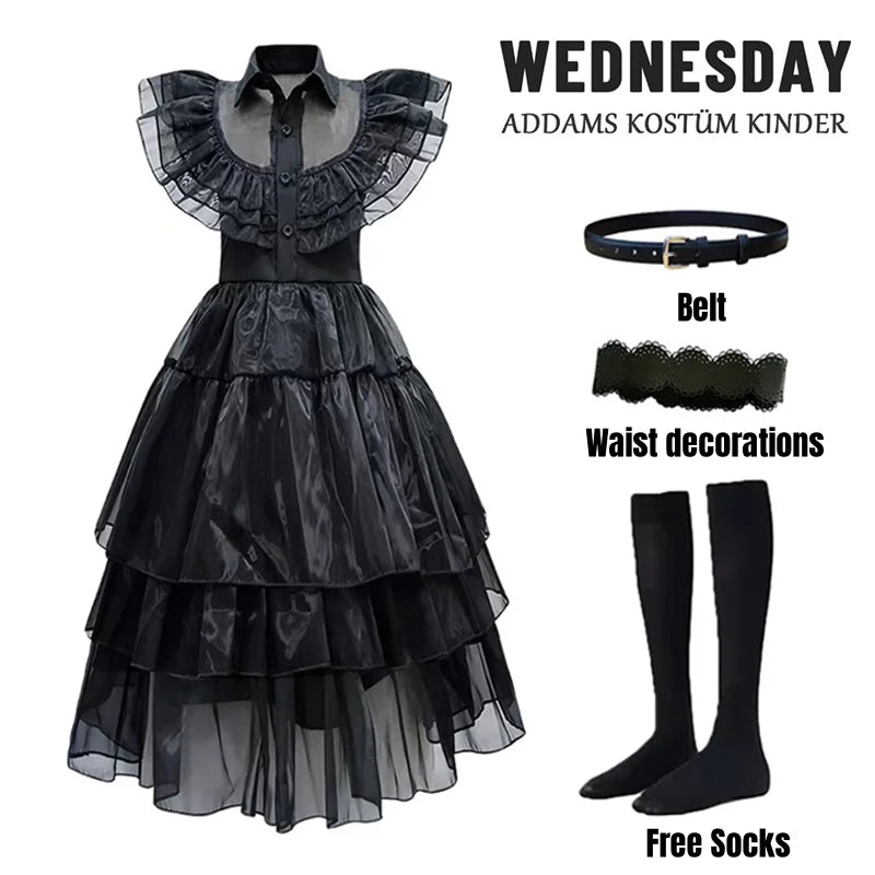 Girls’ Wednesday Addams Costume – Halloween Black Dress