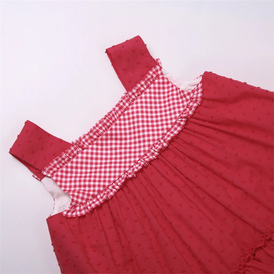Baby Girl Summer Dress Set – Red Plaid Casual Outfit with Headband