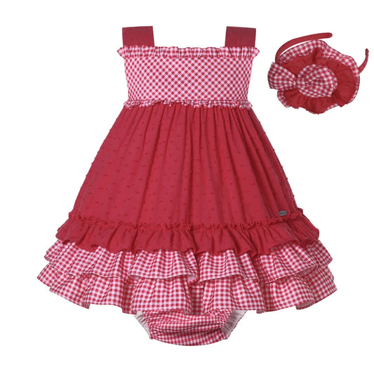 Baby Girl Summer Dress Set – Red Plaid Casual Outfit with Headband