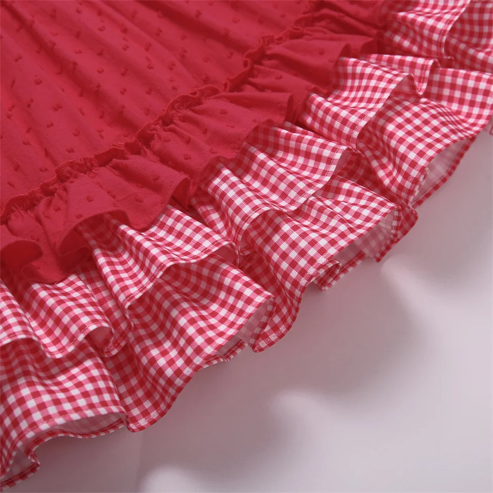 Baby Girl Summer Dress Set – Red Plaid Casual Outfit with Headband