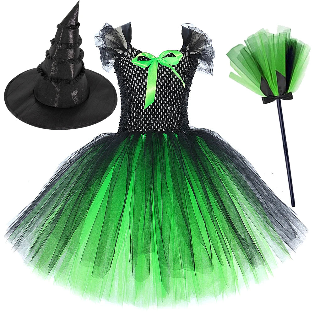 Girls’ Elphaba Witch Costume – Green & Black Dress with Hat and Broom