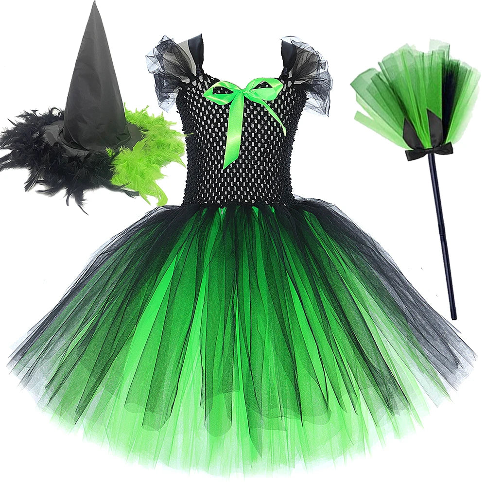 Girls’ Elphaba Witch Costume – Green & Black Dress with Hat and Broom