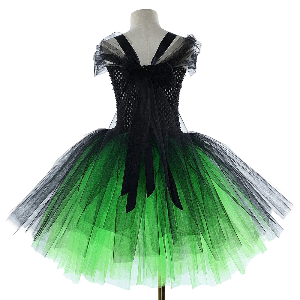 Girls’ Elphaba Witch Costume – Green & Black Dress with Hat and Broom