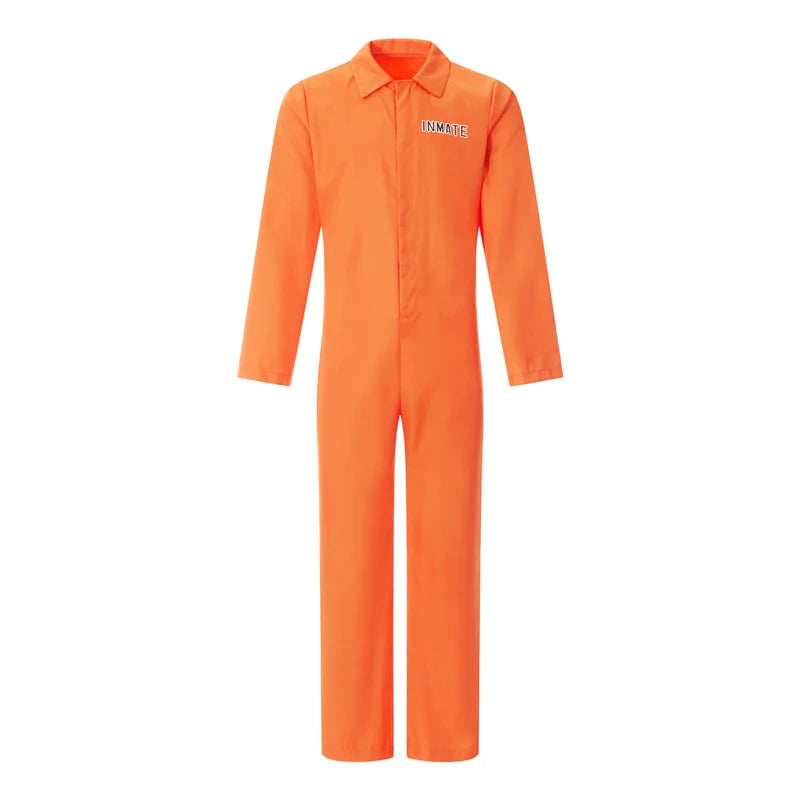 Adult Halloween Orange Prison Jumpsuit Costume Letter Print Long Sleeve Party Cosplay Jail Outfit Playsuit for Men and Women