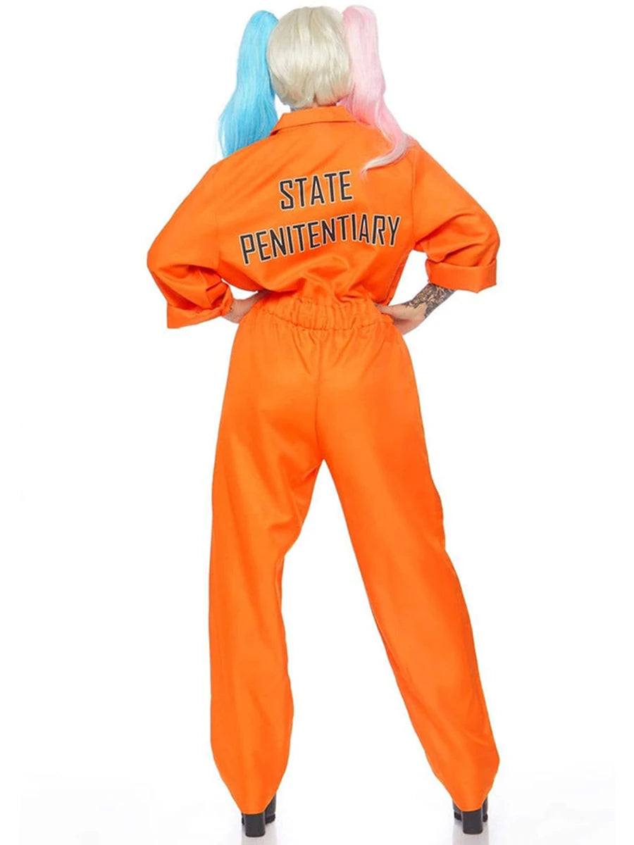 Adult Halloween Orange Prison Jumpsuit Costume Letter Print Long Sleeve Party Cosplay Jail Outfit Playsuit for Men and Women