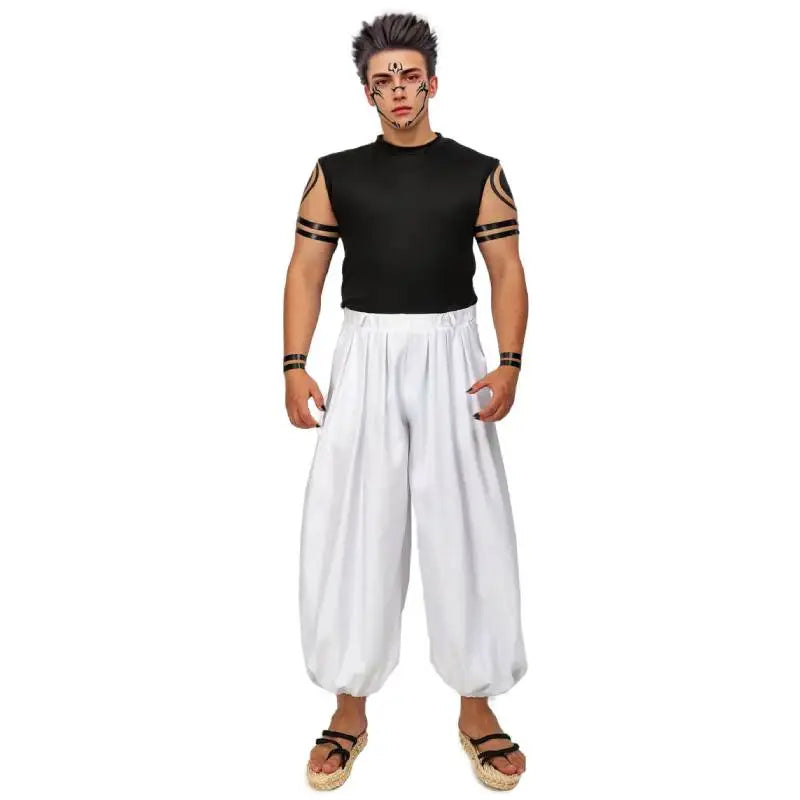 DAZCOS Ryomen Sukuna Costume Men's JJK Cosplay Costume US Size Anime Cosplay Costume White Kung Fu Suit Belt with Stickers