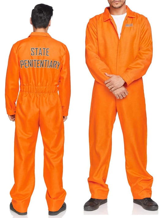 Adult Halloween Orange Prison Jumpsuit Costume Letter Print Long Sleeve Party Cosplay Jail Outfit Playsuit for Men and Women
