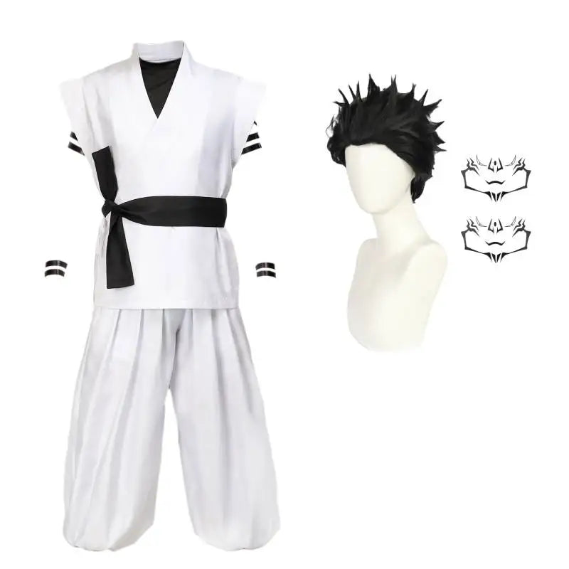 DAZCOS Ryomen Sukuna Costume Men's JJK Cosplay Costume US Size Anime Cosplay Costume White Kung Fu Suit Belt with Stickers