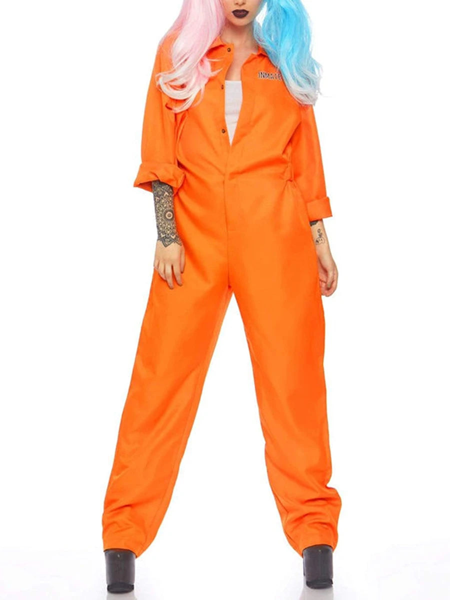 Adult Halloween Orange Prison Jumpsuit Costume Letter Print Long Sleeve Party Cosplay Jail Outfit Playsuit for Men and Women