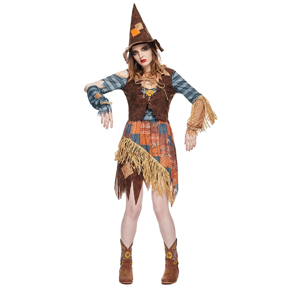 Eraspooky Women Wicked Scarecrow Cosplay Halloween Costumes Stage Show Performance Costume With Hat Carnival Purim Fancy Dress