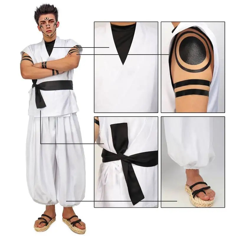 DAZCOS Ryomen Sukuna Costume Men's JJK Cosplay Costume US Size Anime Cosplay Costume White Kung Fu Suit Belt with Stickers