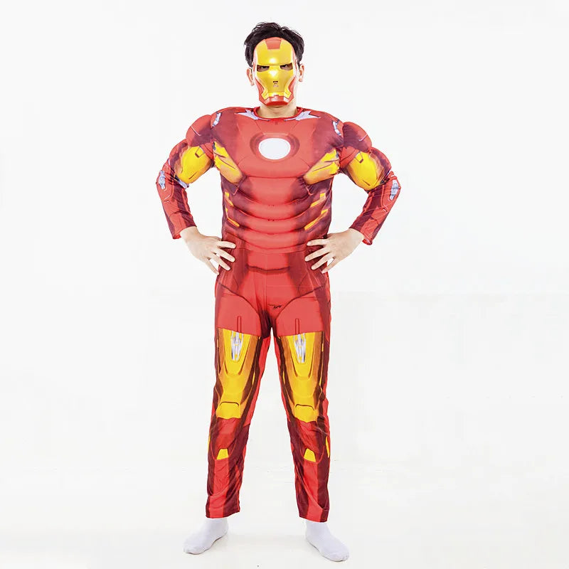 Men’s Iron Man Muscle Costume – Superhero Jumpsuit with Mask