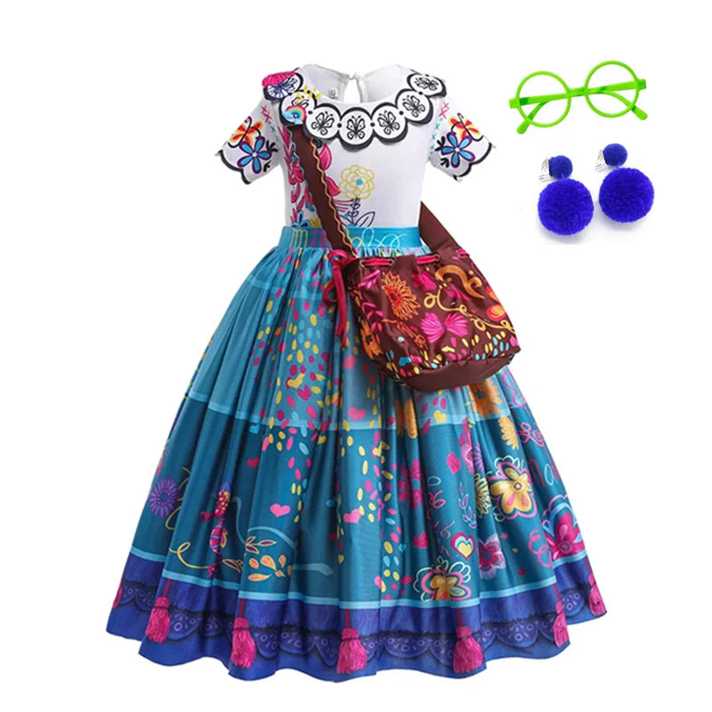 Mirabel Princess Dress For Girls Halloween Cosplay Encanto Costume Kids Birthday Gift Party Dress With Bag Girls Evening Dress
