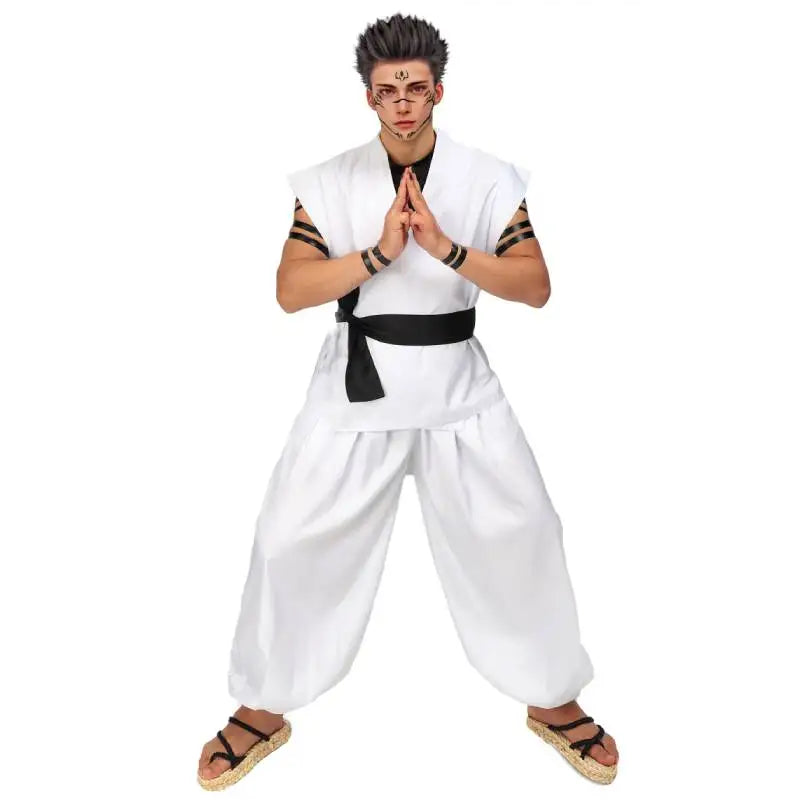 DAZCOS Ryomen Sukuna Costume Men's JJK Cosplay Costume US Size Anime Cosplay Costume White Kung Fu Suit Belt with Stickers