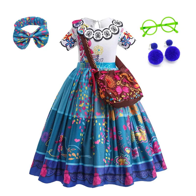 Mirabel Princess Dress For Girls Halloween Cosplay Encanto Costume Kids Birthday Gift Party Dress With Bag Girls Evening Dress