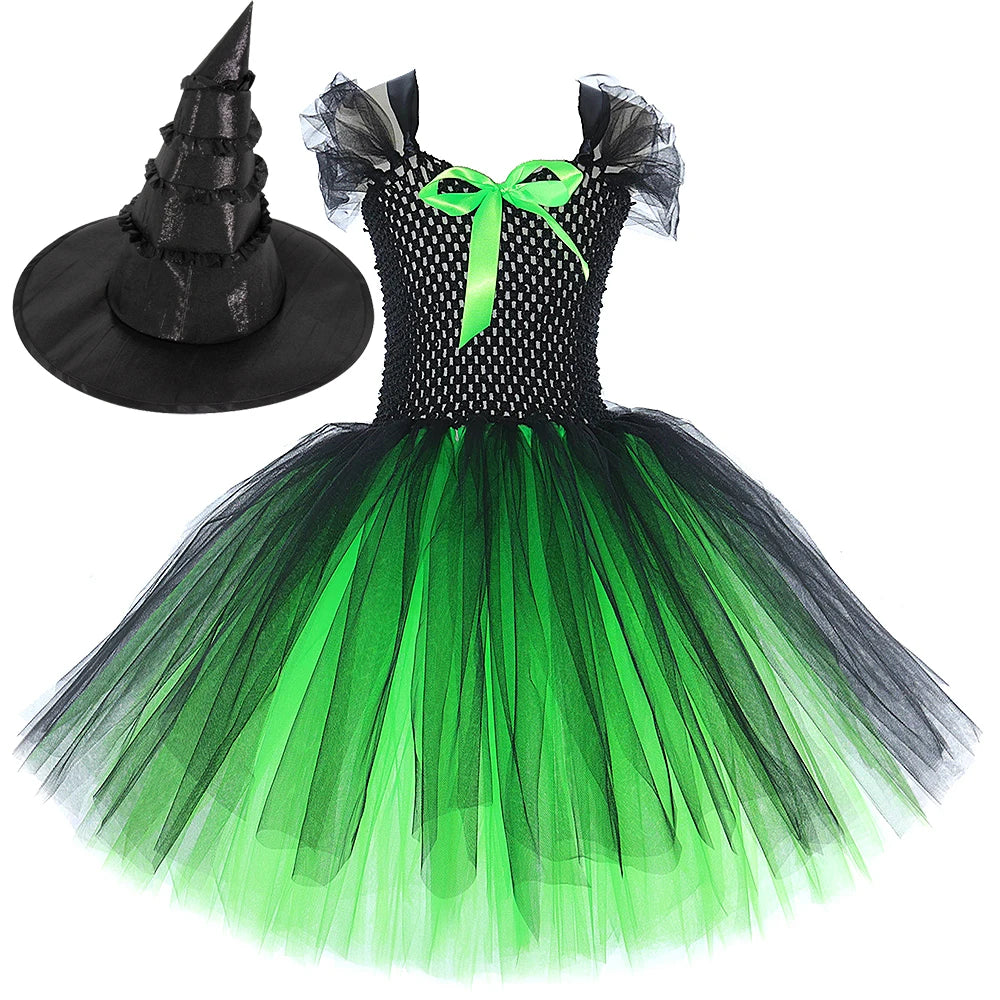 Girls’ Elphaba Witch Costume – Green & Black Dress with Hat and Broom