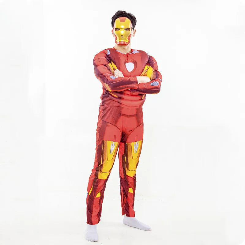 Men’s Iron Man Muscle Costume – Superhero Jumpsuit with Mask