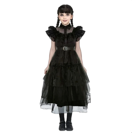Girls’ Wednesday Addams Costume – Halloween Black Dress