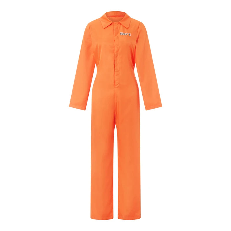 Adult Halloween Orange Prison Jumpsuit Costume Letter Print Long Sleeve Party Cosplay Jail Outfit Playsuit for Men and Women