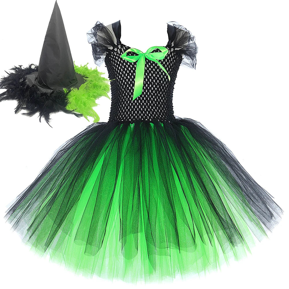 Girls’ Elphaba Witch Costume – Green & Black Dress with Hat and Broom
