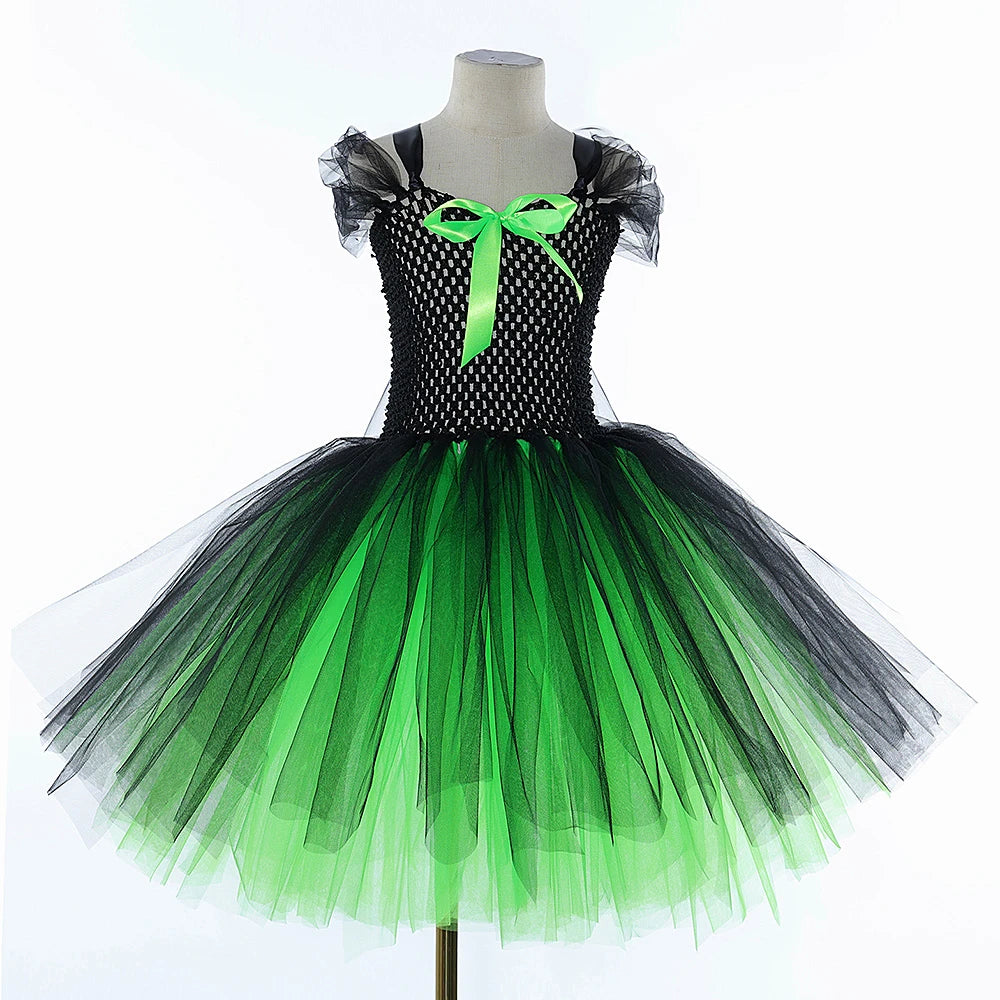 Girls’ Elphaba Witch Costume – Green & Black Dress with Hat and Broom